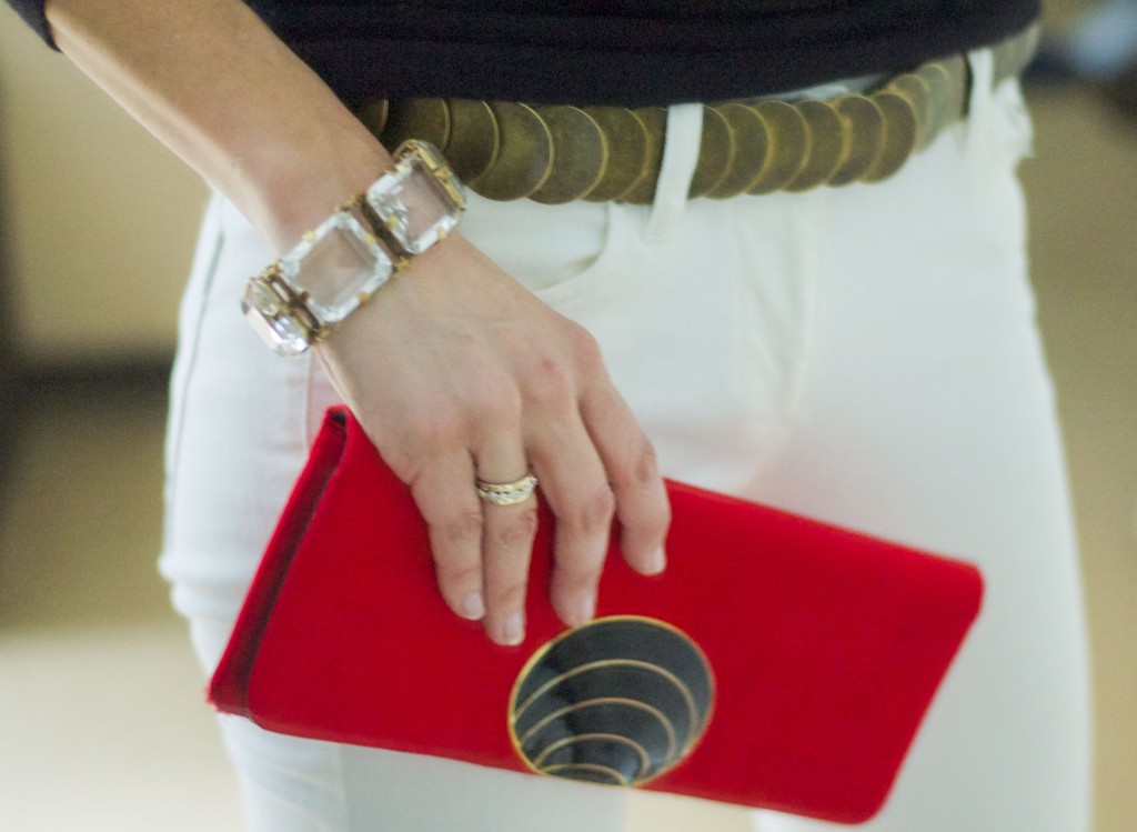 outfit recipe-white jeans, red clutch